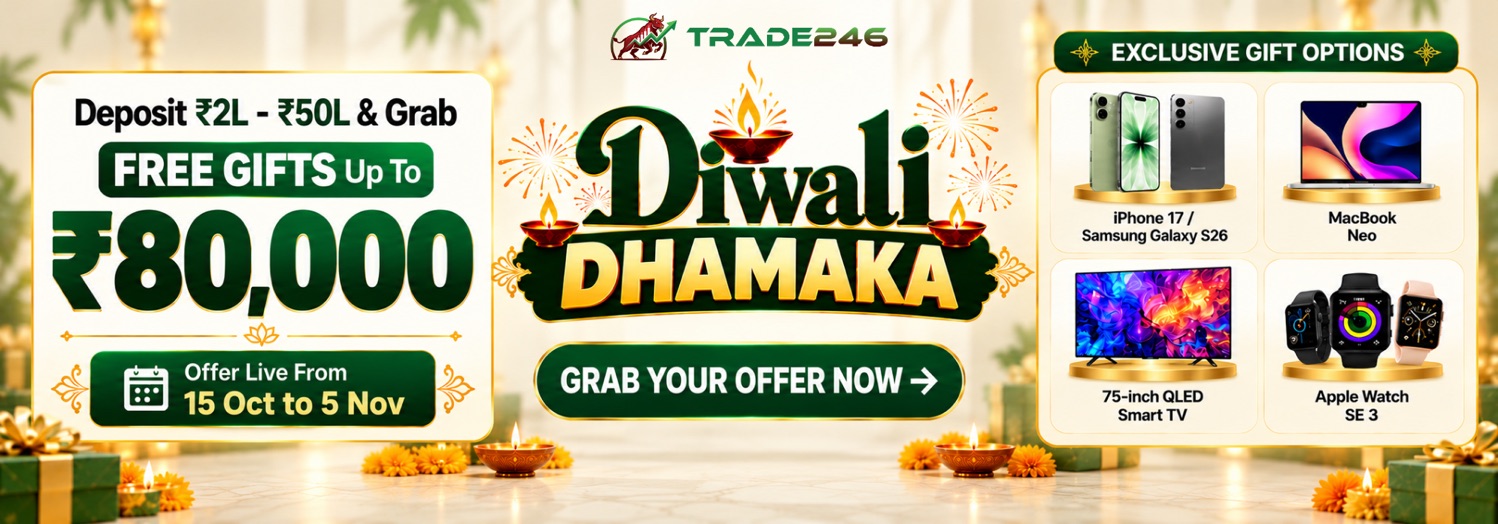 Trade246 Diwali Dhamaka offer: deposit Rs 2L to Rs 50L and get free gifts worth up to Rs 80,000. Offer live from 15 Oct to 5 Nov.